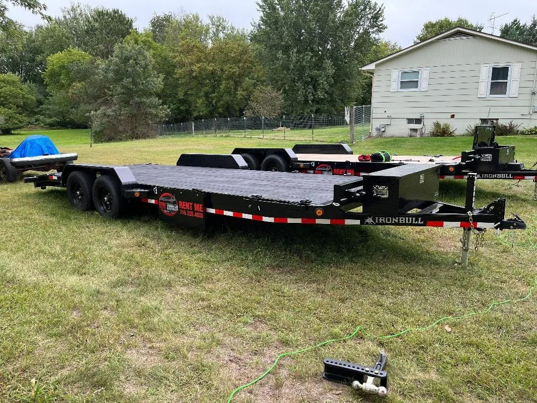Flatbed car hauler trailer rental with winch for vehicle transport in Eau Claire Wisconsin